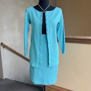 Vintage Neiman Marcus Turquoise Matching Skirt Set Cardigan